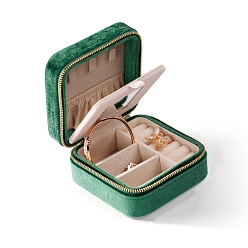 Verde Cajas con cremallera para almacenamiento de joyas de terciopelo cuadrado de 2 niveles con espejo en el interior, Estuche organizador de joyas de viaje portátil para anillos., Aretes, , almacenamiento de pulseras, verde, 10x10x5 cm
