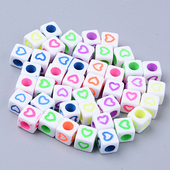 Mixed Color Opaque White Acrylic European Beads, Large Hole Beads, Cube with Heart, Mixed Color, 7x7x7mm, Hole: 4mm, about 1900~2000pcs/500g