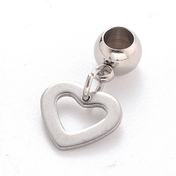 Stainless Steel Color Heart 304 Stainless Steel European Large Hole Dangle Charms, Stainless Steel Color, 21mm, Hole: 4mm