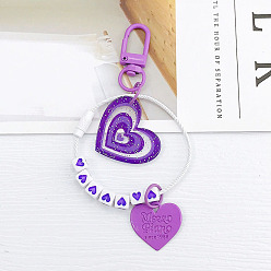 Dark Orchid Cube & Heart Acrylic Pendant Keychain, with Polyester Cord and Spray Painted Alloy Findings, Dark Orchid, 11cm