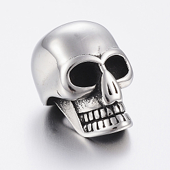 Antique Silver 304 Stainless Steel European Beads, Large Hole Beads, Skull, Antique Silver, 16x11x12mm, Hole: 5mm