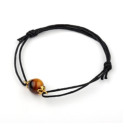 Tiger Eye Gemstone Adjustable Link Bracelets, with Alloy Bead Caps and Waxed Cotton Cord, Antique Golden, Tiger Eye, 43~75mm