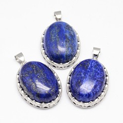 Lapis Lazuli Naturelles lapis-lazuli pendentifs, avec les accessoires en laiton, ovale, teint, platine, 30x21x10~11mm, Trou: 6x4mm