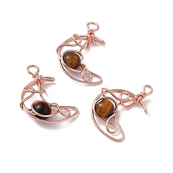 Tiger Eye Natural Tiger Eye Pendants, Moon Charms, with Rack Plating Rose Gold Tone Brass Findings, Cadmium Free & Lead Free, 31.5~33x22x8.5mm, Hole: 2.5~3mm