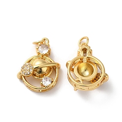 Real 18K Gold Plated Rack Plating Brass Micro Pave Clear Cubic Zirconia Charms, with Jump Ring, Lead Free & Cadmium Free, Planet Charm, Real 18K Gold Plated, 21x16x7mm, Hole: 3.5mm
