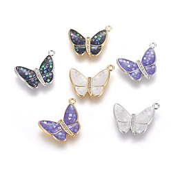Mixed Color Brass Enamel Pendants, with Freshwater Shell and Micro Pave Cubic Zirconia, Butterfly, Mixed Color, 14x17x2mm, Hole: 1.4mm