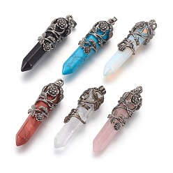 Mixed Stone Natural & Synthetic Gemstone Pointed Pendants, with Red Copper Plated Brass Findings, Bullet, 57~60x16mm, Hole: 8x5mm
