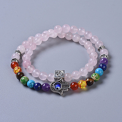 Rose Quartz Two Loops Natural Rose Quartz & Natural/Synthetic Mixed Stone Beads Warp Stretch Bracelets, with Evil Eye Lampwork Round Beads and Tibetan Style Alloy Beads, 13-3/8 inch(34cm)