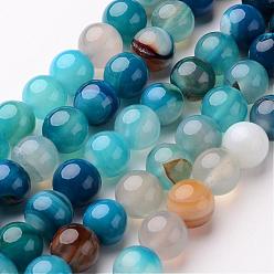 Deep Sky Blue Natural Striped Agate/Banded Agate Beads Strands, Round, Dyed & Heated, Deep Sky Blue, 6mm, Hole: 1mm, about 64pcs/strand, 14.5 inch