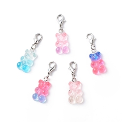 Mixed Color Transparent Gradient Color Resin Bear Pendant Decorations, Lobster Clasp Charms, Clip-on Charms, for Keychain, Purse, Backpack Ornament, Stitch Marker, Mixed Color, 34mm