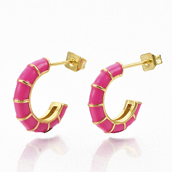 Deep Pink Brass Stud Earrings, Half Hoop Earrings, with Enamel and Earring Backs, Real 18K Gold Plated, Bamboo Shape, Deep Pink, 21x16.5x3.5mm, Pin: 0.7mm