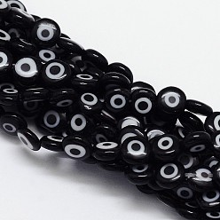 Negro Hechos a mano de cristal de murano mal de ojo planas hebras de perlas redondas, negro, 12x5 mm, agujero: 1 mm, sobre 33 unidades / cadena, 14.76 pulgada