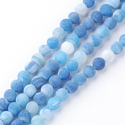 Deep Sky Blue Natural Fire Crackle Agate Bead Strands, Frosted, Dyed, Round, Deep Sky Blue, 8x7mm, Hole: 1.5mm, about 48pcs/strand, 13.58 inch(34.5cm)