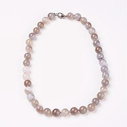 Светло-серый Натуральные окрашенные агатовые бусины ожерелья, с латунными карабин-лобстерами , круглые, светло-серый, бусины : 6 мм, 18.9 дюйм (48 см)