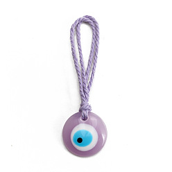Lilac Flat Round with Evil Eye Resin Pendant Decorations, Braided Cotton Cord Hanging Ornament, Lilac, 10.2cm