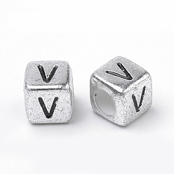 Letter V Plated Acrylic Beads, Horizontal Hole, Cube with Letter, Antique Silver, Letter.V, 6mm, Hole: 3mm, about 3000pcs/500g