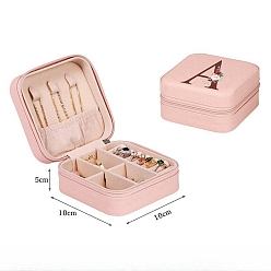 Pink Square A Print PU Leather Jewelry Set Storage Zipper Box, for Necklace Ring Earring Storage, Pink, 10x10x5cm