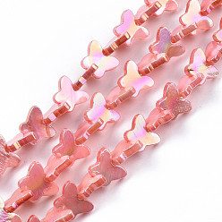 Salmon Natural Freshwater Shell Beads Strands, AB Color Plated, Dyed, Butterfly, Salmon, 10~11x12.5~13.5x3mm, Hole: 0.7mm, about 38~39pcs/strand, 12.80 inch~12.99 inch(32.5~33cm)