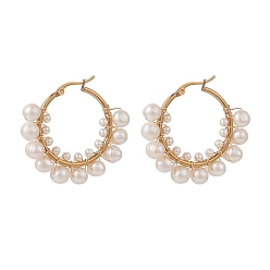 Golden Natural Pearl Beaded Hoop Earrings, 304 Stainless Steel Wire Wrap Jewelry for Women, Golden, 36x42x7mm, Pin: 0.6mm