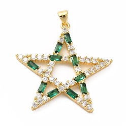 Green Rack Plating Brass Micro Pave Cubic Zirconia Pendants, Real 18K Gold Plated, Long-Lasting Plated, Lead Free & Cadmium Free, Star, Green, 34x34x3mm, Hole: 4x4mm