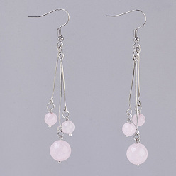 Rose Quartz Natural Rose Quartz Dangle Earrings, with 304 Stainless Steel Earring Hooks and Iron Eye Pins, Round, 77~78mm, Pendant: 57~58mm, Pin: 0.6mm