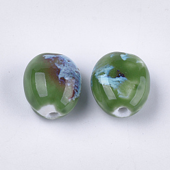 Green Handmade Porcelain Beads, Fancy Antique Glazed Porcelain, Oval, Green, 20~21x17.5~18x12~13mm, Hole: 2.5~3mm