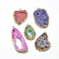 Mixed Color Natural Druzy Agate Links connectors, with Brass Findings, Dyed, Nuggets, Golden, Mixed Color, 40~70x25~50x6~12mm, Hole: 1.5~3mm