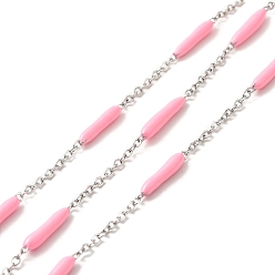 Pink Enamel Column Link Chains, with 304 Stainless Steel Cable Chains, Unwelded, with Spool, Pink, 14~17x2~3mm and 1.5x2x0.5mm, about 32.81 Feet(10m)/Roll