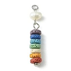 Coloré Gros pendentifs teints en pierre de lave naturelle, 7 Breloques disque chakra avec perle de culture d'eau douce naturelle, colorées, 50x9x8mm, Trou: 3.5mm