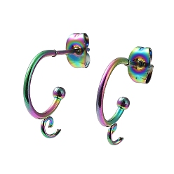 Rainbow Color Ion Plating(IP) 304 Stainless Steel Half Hoop Earrings, Rainbow Color, 19x16x3mm, Pin: 0.8mm