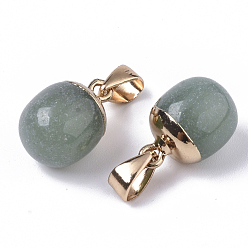 Green Aventurine Top Golden Plated Natural Green Aventurine Pendants, with Iron Snap on Bails & Loop, Barrel, 17~19x11.5~12.5mm, Hole: 4x6mm