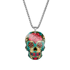 Green Stainless Steel Skull with Flower Pendant Necklaces, Halloween Jewelry for Women, Green, 23.62 inch(60cm)