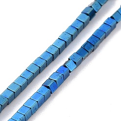 Plaqué Bleu Galvaniques perles d'hématite synthétique non magnétique brins, cube, bleu plaqué, 1.5x1.5x1.5mm, Trou: 0.5mm, Environ 257~260 pcs/chapelet, 15.59~15.75 (39.6~40 cm)