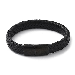 Electrophoresis Black Плетеные браслеты шнур кожаный, с 304 из нержавеющей стали магнитные застежки, электрофорез черный, 205x12x6 мм