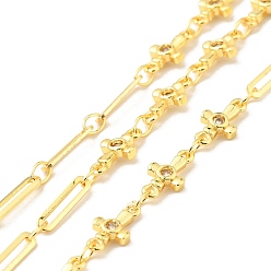 Golden Rack Plating Brass Cross & Oval Link Chains, with Clear Cubic Zirconia, Long-Lasting Plated, Soldered, with Spool, Cadmium Free & Lead Free, Golden, 10x5x1.5mm, 10x2x0.5mm