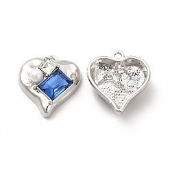Azul Royal Aleación de chapado en rack con corazón de vidrio con colgantes rectangulares, con perlas de imitación de plástico abs, Platino, sin cadmio y níque y plomo, azul real, 20x18.5x7 mm, agujero: 1.6 mm