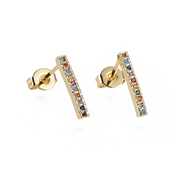 Colorful Brass Micro Pave Cubic Zirconia Stud Earrings, Rectangle, Golden, Colorful, 13x1.8x1.8mm, Pin: 0.7mm