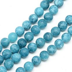 Bleu Acier Blanc brins de perles de jade naturels, teint, givré, ronde, bleu acier, 8~9mm, Trou: 1mm, Environ 46~48 pcs/chapelet, 14.9 pouce