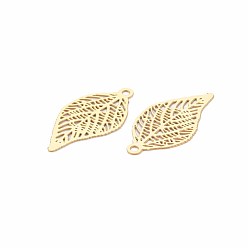 Real 18K Gold Plated Rack Plating 201 Stainless Steel Filigree Pendants, Etched Metal Embellishments, Nickel Free, Leaf, Real 18K Gold Plated, 19x10x0.4mm, Hole: 1.2mm