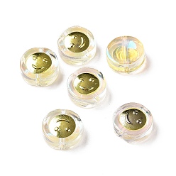 Clear Transparent Spray Painted Glass Beads, with Golden Brass Findings, Flat Round with Smile, Clear, 11.5x4mm, Hole: 1.2mm