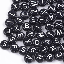 Black Craft Style Acrylic Beads, Horizontal Hole, Flat Round with Letter, Black, 7x3mm, Hole: 1.5mm, about 4100pcs/500g