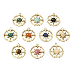 Mixed Stone Natural Mixed Gemstone Facete Sun Pendants, Ion Plating(IP) 316 Stainless Steel Flat Round Charms, Real 24K Gold Plated, 21x18.5x4mm, Hole: 1.8mm