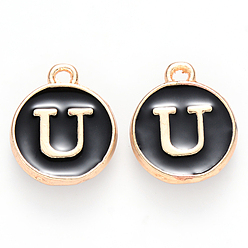 Letter U Golden Plated Alloy Charms, with Enamel, Enamelled Sequins, Flat Round, Black, Letter.U, 14x12x2mm, Hole: 1.5mm, 50pcs/Box
