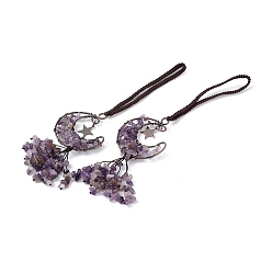 Amethyst Natural Amethyst Moon with Chips Tassel Pendant Decorations, with Rack Plating Red Copper Plated Brass Findings, Cadmium Free & Lead Free, 205~208mm