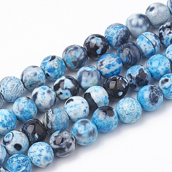 Deep Sky Blue Dyed Natural Fire Crackle Agate Beads Strands, Round, Deep Sky Blue, 8~8.5mm, Hole: 1mm, about 48pcs/strand, 14.9 inch