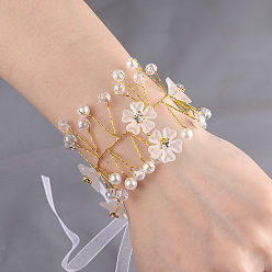 Flower Silk Cloth Wrist Corsage, with Plastic Pearl Beads, for Bride or Bridesmaid, Wedding, Party Decorations, White, Flower Pattern, 130mm