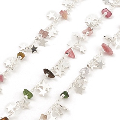 Silver Natural Mixed Gemstone Chips Beaded Chains, with Brass Stars Charms, Unwelded, with Spool, Silver, 4x2.5x0.4mm, 3~8x2~3mm