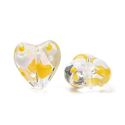 Yellow Valentine's Day Handmade Glass Enamel Beads Strands, Heart, Yellow, 13.5x14x8~9mm, Hole: 1.2mm, about 30pcs/strand