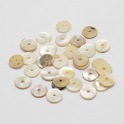 Color de la concha Separadores de cuentas de concha naturales, disco / plano y redondo, perlas heishi, color de concha, 7~8x1~3 mm, agujero: 1 mm, sobre 144 unidades / bolsa