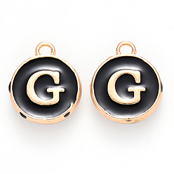 Letter G Golden Plated Enamel Alloy Charms, Enamelled Sequins, Flat Round, Black, Letter.G, 14x12x2mm, Hole: 1.5mm, 100pcs/Box